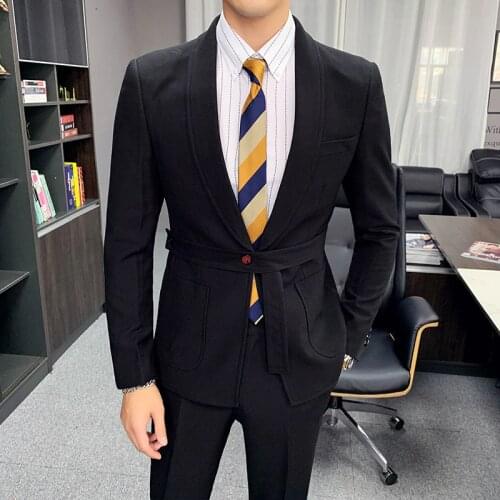 Mens Suit 2 Piece New Solid Wedding Groom Suits Male Slim Fit Blazers Pants Single Button Belt Business Formal Suit
