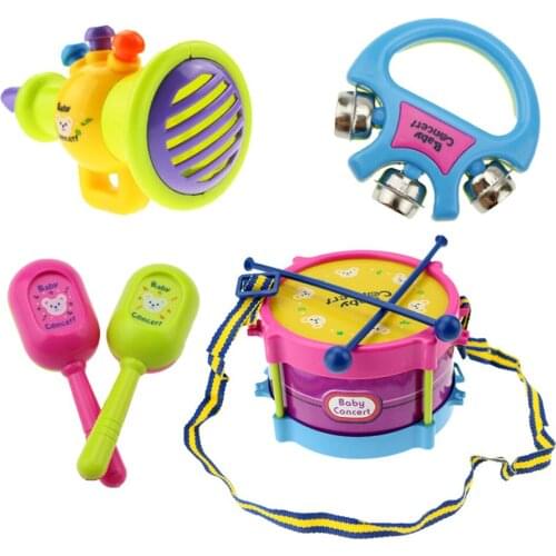 5pcs/set Roll Drum Musical Instruments Band Kits Musical Toy Set Kids Early Educational Toy Gift Baby Grasp Hand Bell Music Toy