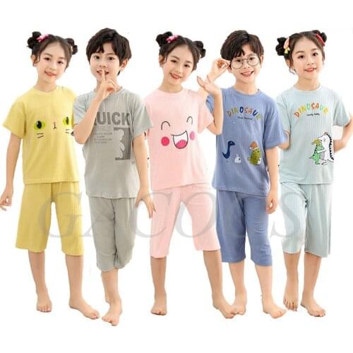 Summer Short-Sleeved Pyjamas Kids Cotton Toddler Girl Clothing Sets Cartoon Dinosaur Childrens Pajamas Boys Nightwear Home Suit