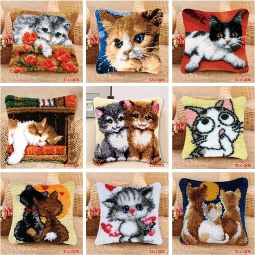 Smyrna Latch Hook Pillow Cute Cat Carpet Embroidery Do-It-Yourself Carpet Cushion Button Package Latch Hook Rug Kits knoopkussen