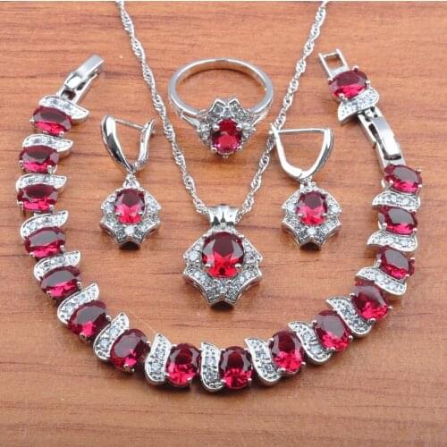 Top Hot Rose Red Zirconia Crystal Silver Color Jewelry Set For Women Earrings Necklace Pendant Rings Bracelet Set JS0485