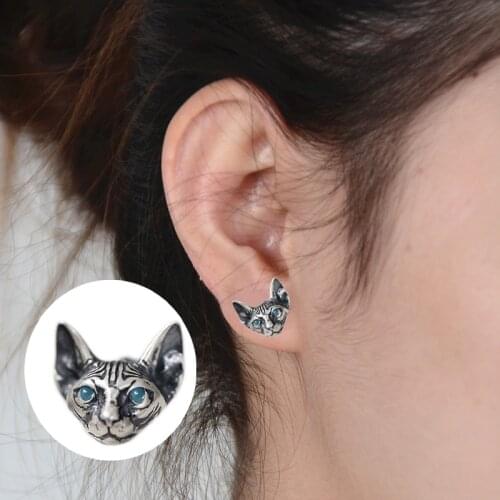 Vintage Silver Plated Sphink Cat Stud Earrings for Men Women Punk Cat Earrings Gothic Cool Earrings Unisex Fashion Jewelry Decor