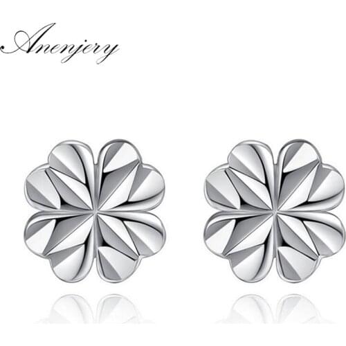 ANENJERY 925 Sterling Silver Flowers Clover Stud Earrings For Women pendientes S-E454