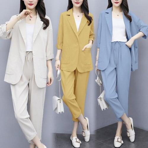 Womens Autumn Summer Causal Two-piece Sets Suit Plus Size Solid Color Cotton Linen Blazer Coat Harem Pants Suit Female Z163