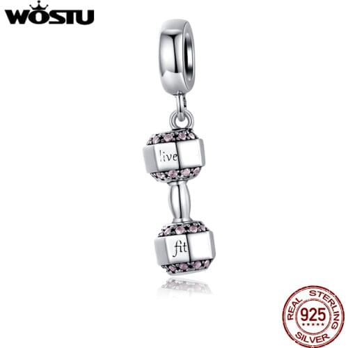 WOSTU Fashion 925 Sterling Silver Dumbbell Fitness Charms Fit Original Bracelet Pendant Beads Women DIY Necklace Jewelry CQC1340