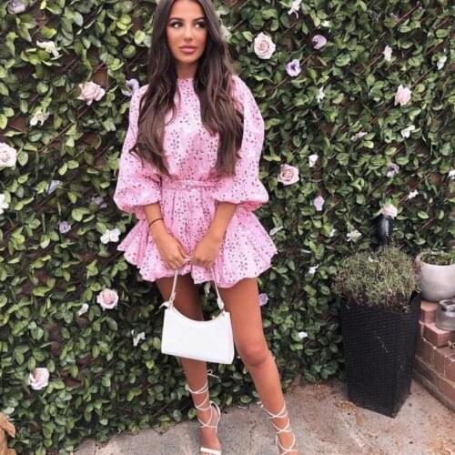FABPOP 2021 Spring Summer Casual Print Female O Neck Lantern Long Sleeve High Waist Lace Up Dress Women Fashion Tide GA102