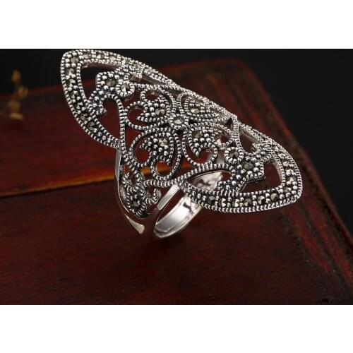 925 Silver color Party Dress Exaggerated Long Wide Ring Women Hollow Hearts Creative Thai Silver Ring Clover Ethnic Wild Jewelry