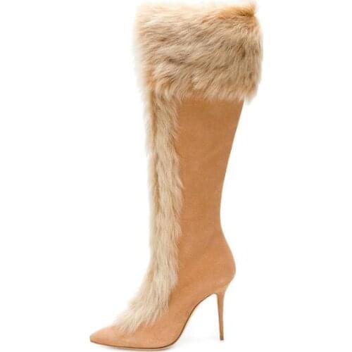 Winter New Brand Women Beige Brown Rabbit Fur Pointed Toe Stiletto Heel Knee High Long Slim Zip Boots Plus Size Lady Boots Shoes