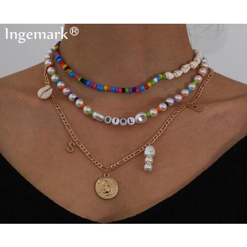 Boho Baroque Pearl Coin Pendant Choker Necklace Multilayer Conch Natural Shell S Girl Letter Tassel Beaded Chain Women Jewelry