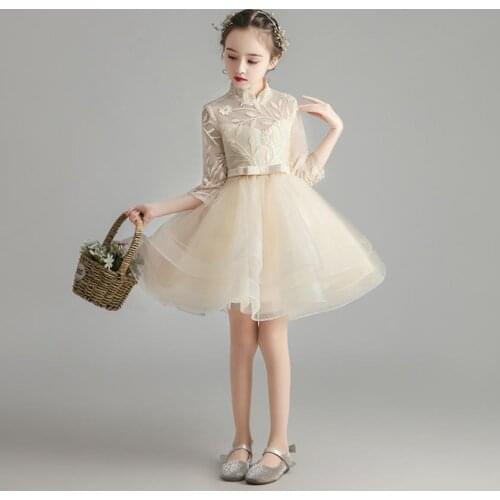 Children Evening Gown Lace Appliques stitching Birthday Party Princess Dress For Girls Kids Piano Host Dress Vestidos L378