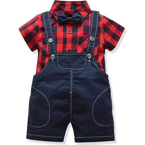 Baby Infant Boys Clothes Cotton Short Sleeve Shirt Sets New Childrens Gentleman Plaid Shirt Strap Shorts Toddler Boy Clothing