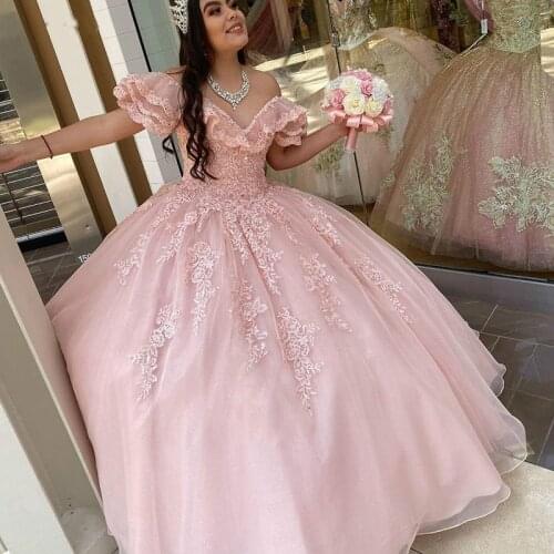 Exquiste Pink Quinceanera Dresses Ball Gown Lace Prom Dress Cheap Plus Size Sweet 15 Year Old Brithday Party Gowns