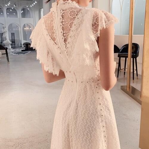 Women Sleevess French White Fairy Dress Mori Girl Dress Birthday Party Dress Summer Sevy Lace High Waist Soild Color New Dresses