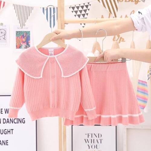 Gooporson Fashion Korean Little Girls Outfits Set Fall Knit Lotus Leaf Collar Sweater Cardigan&skirt Warm Children Clothes