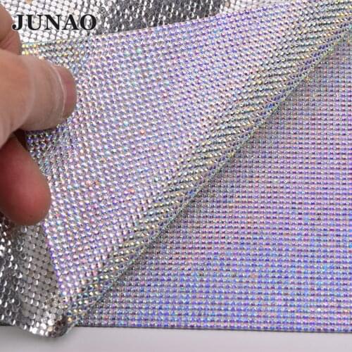 JUNAO 24*40cm Self Adhesive Crystal AB Rhinestone Mesh Trim Resin Beads Applique Crystal Sticker Strass Banding Diamond Ribbon