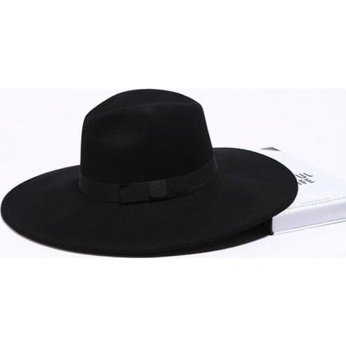 Adult Unisex Black Camel Wool Jazz Hat Men British Vintage Solid Wide Brim Bow Panama Fedora Hat Male WInter Gray Casual Hats