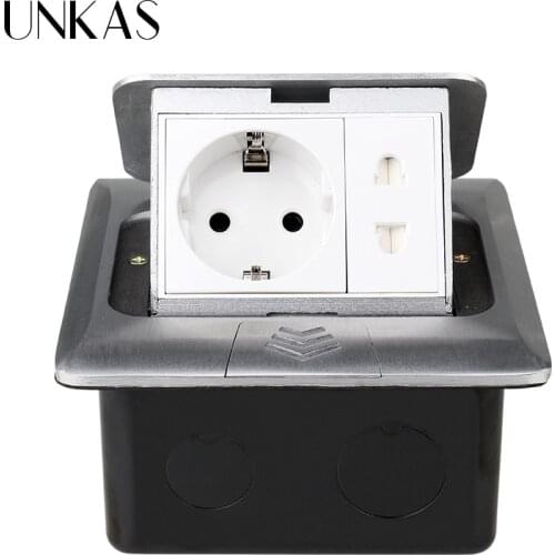 UNKAS All Aluminum Silver Panel 16A Pop Up Floor Socket Russia Spain EU Table Socket With Universal 2 Hole Floor Socket Power