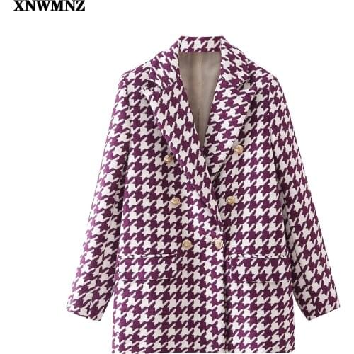 XNWMNZ Women Fashion Double Breasted Houndstooth Tweed Blazers Coat Vintage Long Sleeve Loose Blazer Autumn Outerwear Chic Tops