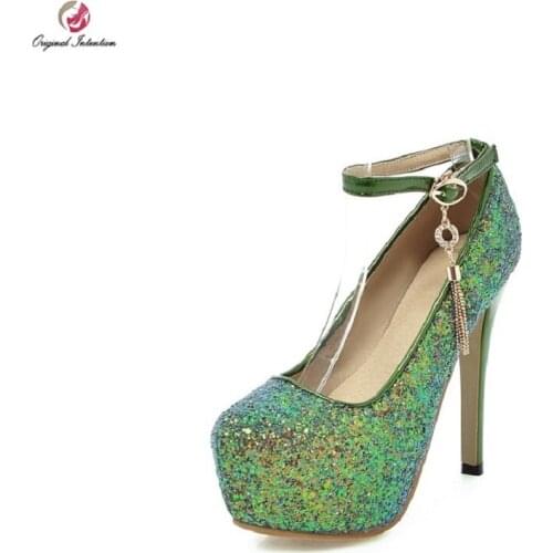 Original Intention 2019 Women Pumps Sexy Bling Round Toe High Heels Pump Black Green Pink Purple Shoes Woman Plus Size 3-16