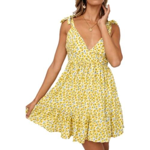 Women Sexy V-neck Floral Print Dress Summer 2021 Fashion Boho Sling Sleeveless Lace-up Dress for Ladies Female Holiday Wear