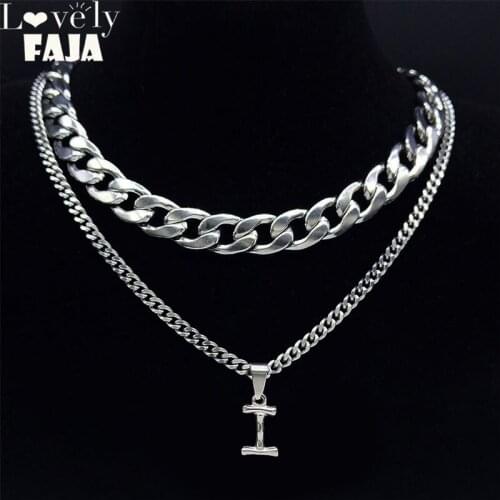 2PCS Fashion Punk Letter I Stainless Steel Layered Choker Necklaces for Men/Women Silver Color Jewelry Punk Collar Letra NK72S03