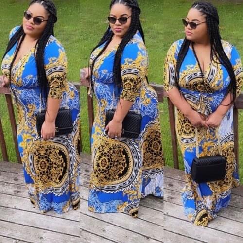 2021 Best Quality Fashion Design Plus Size Dress Luxury Print V-neck Long Sleeve Sexy Maxi Dress Vestidos