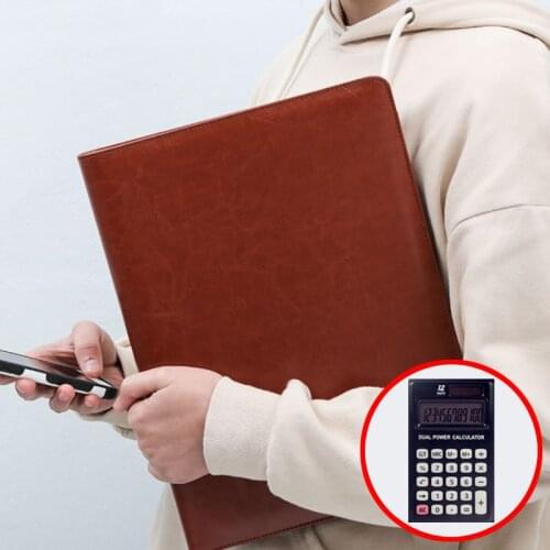 A4 File Folder PU Leather Document Bag with Calculator Filing Organizer Zipper Binder Paper Clip Ringband Archivador Segregator
