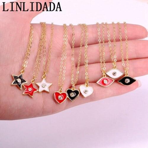 15Pcs Fashion Link Chain Necklace Women Jewelry Mix color Enamel Eye/Heart/Moon/Star Charm Pendant Necklaces