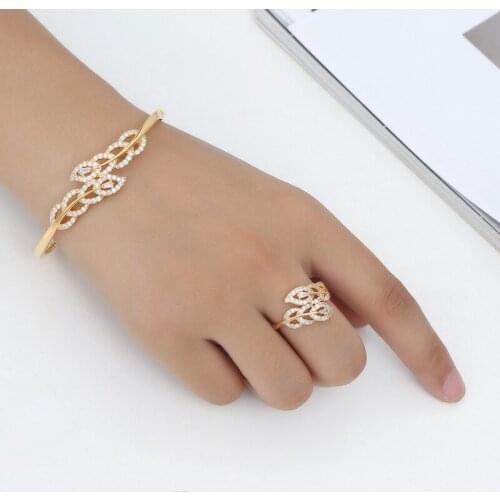 Funmode 2pcs Fashion Leaf Shape Bangle Ring Jewelry Sets For Women Wedding Party Gold Color Silver Color Bangle Wholesale FS37