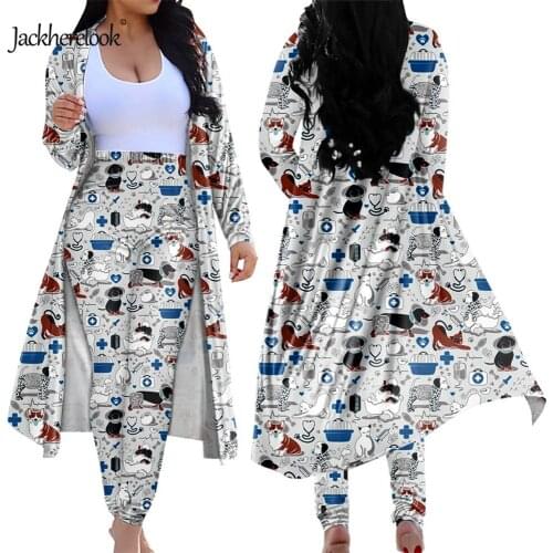 Jackherelook Cute Veterinary Print Plus Size Women Casual 2 Piece Cardigan Trench Coat & Skinny High Waist Long Pants Robe Suits