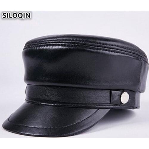 SILOQIN Genuine Leather Hat Quality Unisex First Layer Sheepskin Military Hat Autumn Winter Leisure Male Bone Flat Cap Casquette