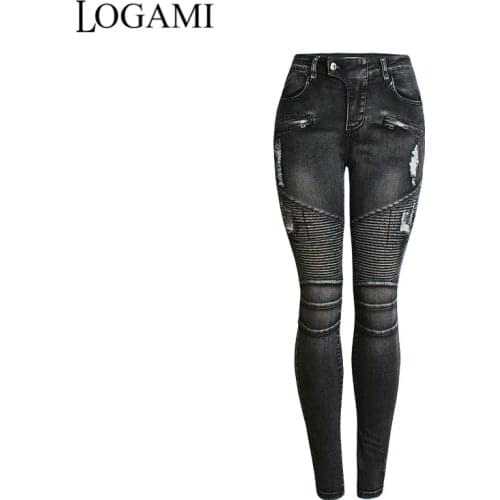 LOGAMI Skinny Jeans Woman 2018 Ripped Moto Biker Pencil Jeans Womens Denim Pants Black