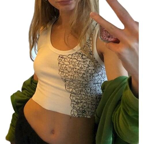 2020 Summer Ribbed Tank Tops Sexy Crop Vest Fashion Harajuku Korean Female Knitted White Blue Summer Women Slim Fit Printed Tops