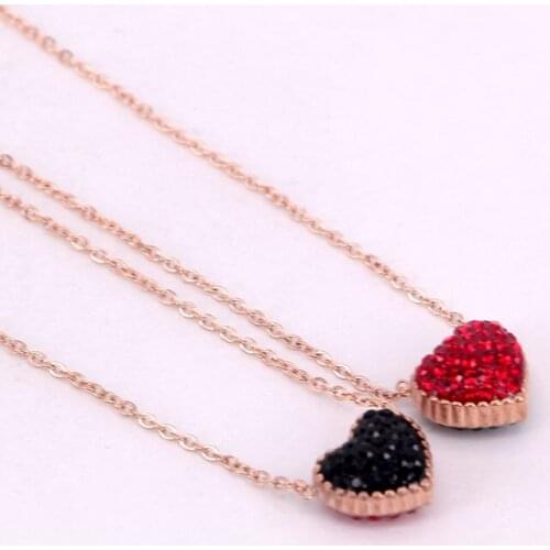 Fashion OL Stainless Steel Love Red Black Crystal Heart Pendant Necklace Rose Gold Color Women Lady Wedding Party Gift