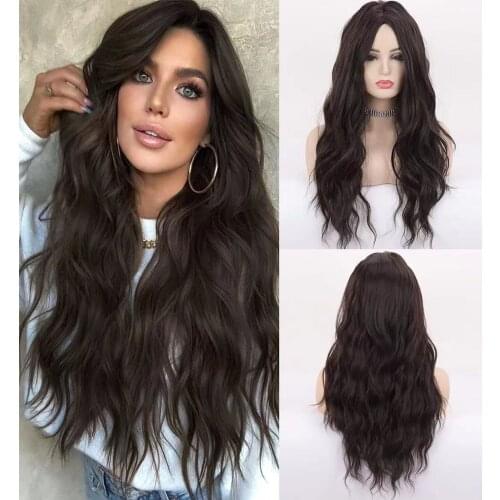 FGY WIGS Black High Gloss Long Wave Wig Womens Loose Curly Gradient Dark Brown Synthetic Wig 24 Inch Lolita Cosplay Party