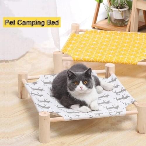 Elevated Wood Canvas Cat Summer Hammock Lounger Removable Cat Bed Sleeping Mat Easy Wash Stable Printed Breathable Kitten Sleep