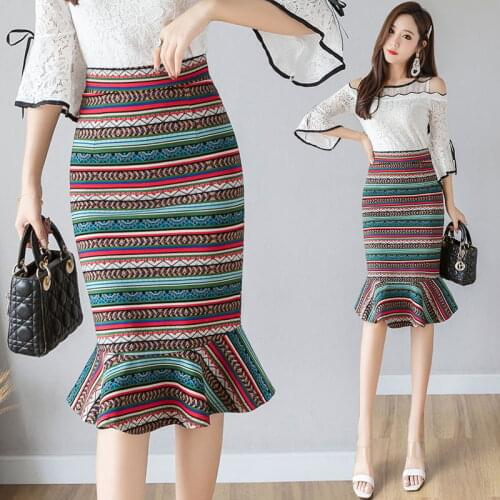 Plus Size 5xl Womens Mermaid Skirt Casual Print High Elastic Big Size 4xl Skirt Korean Office Women Sexy Midi Skirts Jupe Femme