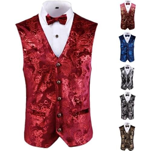 Waistcoat Men Luxury Gold Printed Vest Mens Large Size 4XL 5XL Red Blue Silver Wedding Vest for Men