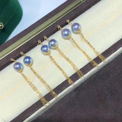 D608 Pearl Earrings Fine Jewelry Solid 18K Gold Round 7-8mm Nature Sea Water Akoya Bluish Gray Pearls Drop Dangle Earrings