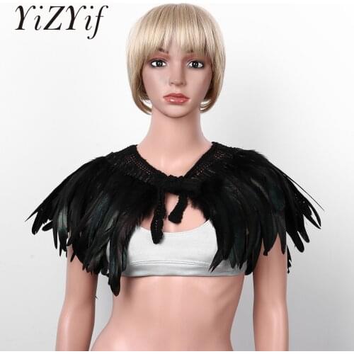 Victorian Real Feather Shawl Gothic Collar Cape Feather Shrug Shoulder Wrap Cape Collar with Ribbon Ties Costume Decoration