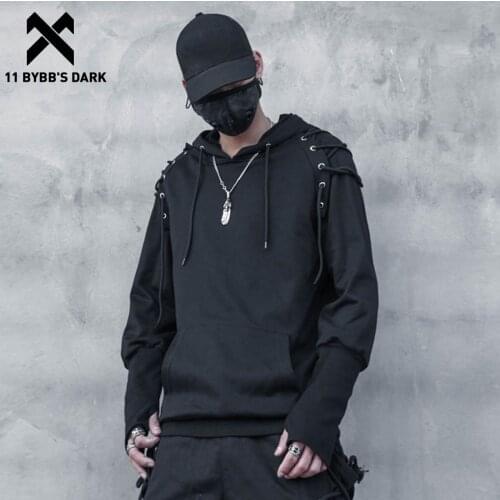 11 BYBBS DARK Drawstring Fake Two Pieces Harajuku Sweatshirts Mens Hip Hop Cotton Loose Dark Pullover Black Streetwear Hoodies