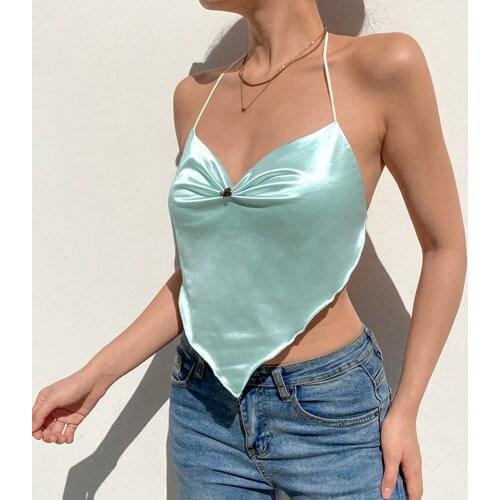 Sexy Satin Crop Top Summer Women Tank Top Wavy Side Open Back Mini Camisole Cropped Tops For Women Mujer Camisetas