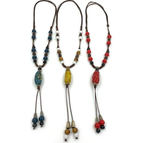 Vintage Ethnic Colorful Ceramic beads pendant Necklace Adjustable Knotted Long pendant necklace for Women gift