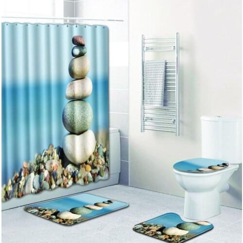 3D Stone beach Bath Shower Curtain Home decor bathroom With Hooks Waterproof Bath Curtain For Bathroom+mat set