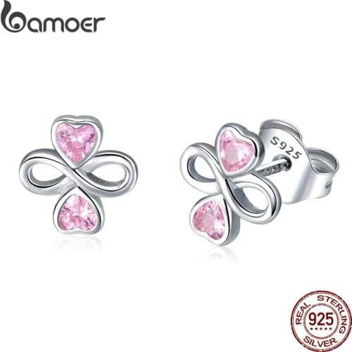 BAMOER Real 925 Sterling Silver Infinite Love Pink Heart Clover Small Stud Earrings for Women Authentic Silver Jewelry SCE455