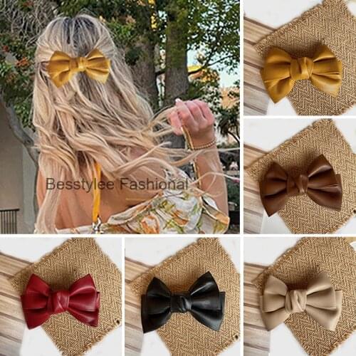 New PU Leather Bow Hair Clips Vintage Solid Color Hairpins Women Girls Bowknot Barrettes Headwear Fashion Korea Hair Accessories
