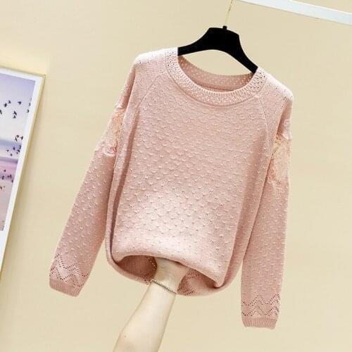 Early spring 2021 round neck thin cut loose top womens Pullover lace long sleeve knitted sweater embroidered sweater