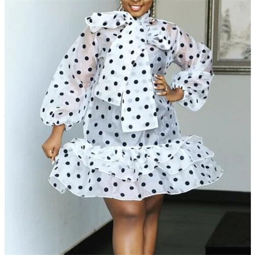 Women Summer White Polka Dot Dress Bowtie Collar See Through Long Lantern Sleeves Ruffle Loose Casual Mini Short Dresses 2021