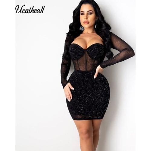 Women New Sexy Hot Drilling Bodycon Party Club Mini Dress Vestidos Nightclub Back Zipper Mesh Double Layer Sequare Neck Dress