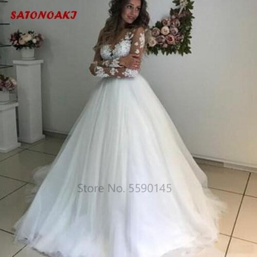2020 New Fashion A Line Wedding Dress for Women Lace Appliques Long Sleeves Ball Gowns Bridal Vestido De Novia Mariage Undefined